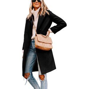 💫 Women Black Casual Wool Coat Winter Soft Notch Lapel Single-Breasted Peacoat